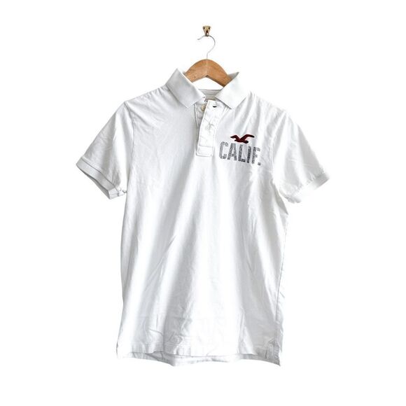 Hollister Mens Polo Shirt Huntington Beach Print Collared White Large - Picture 1 of 5